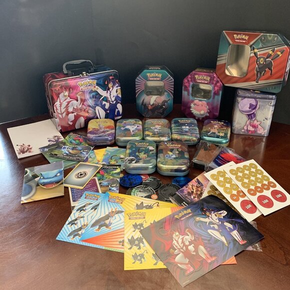 Pokémon Lot - Tins Card Sleeves Coins Damage Markers Stickers Notepads and More - Picture 1 of 16